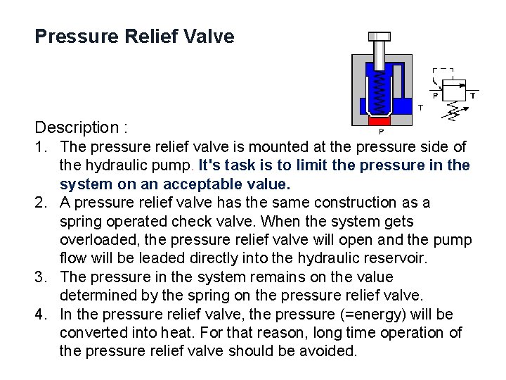 Pressure Relief Valve Description : 1. The pressure relief valve is mounted at the