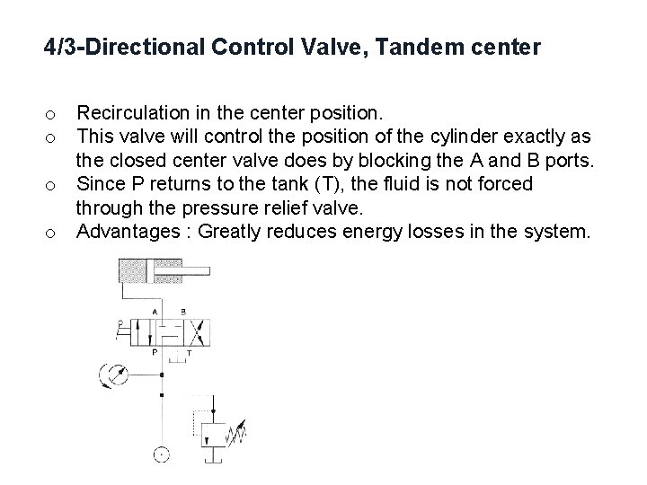 4/3 -Directional Control Valve, Tandem center o o Recirculation in the center position. This