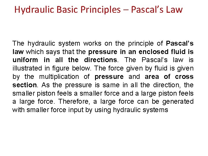 Hydraulic Basic Principles – Pascal’s Law The hydraulic system works on the principle of
