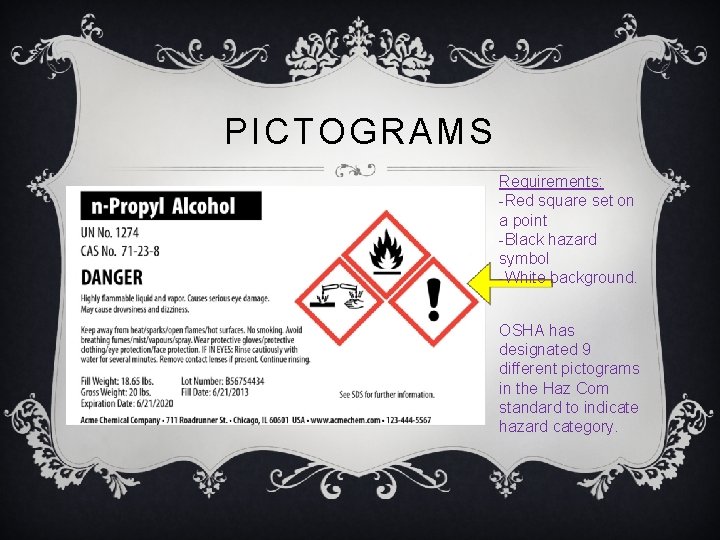 PICTOGRAMS Requirements: -Red square set on a point -Black hazard symbol -White background. OSHA