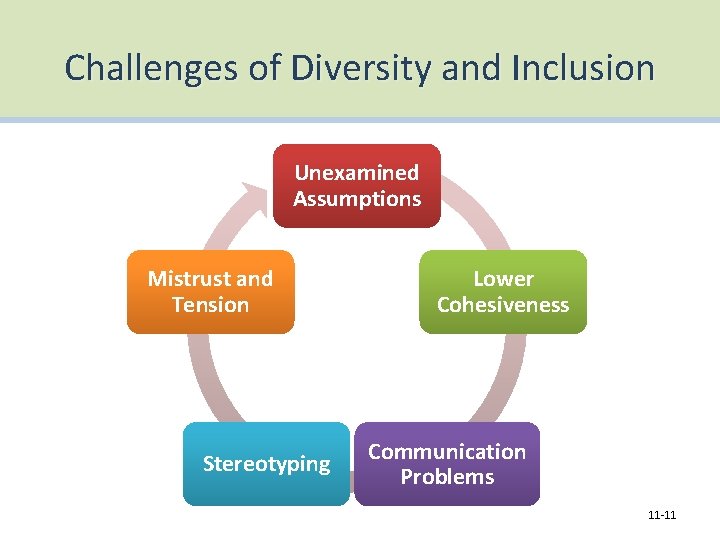 Challenges of Diversity and Inclusion Unexamined Assumptions Mistrust and Tension Stereotyping Lower Cohesiveness Communication
