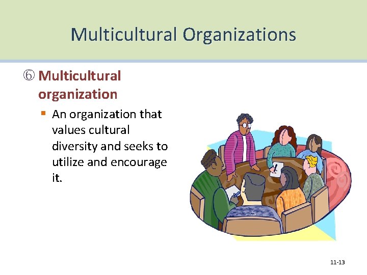 Multicultural Organizations Multicultural organization § An organization that values cultural diversity and seeks to