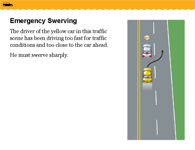 Emergency Swerving The driver of the yellow car in this traffic scene has been