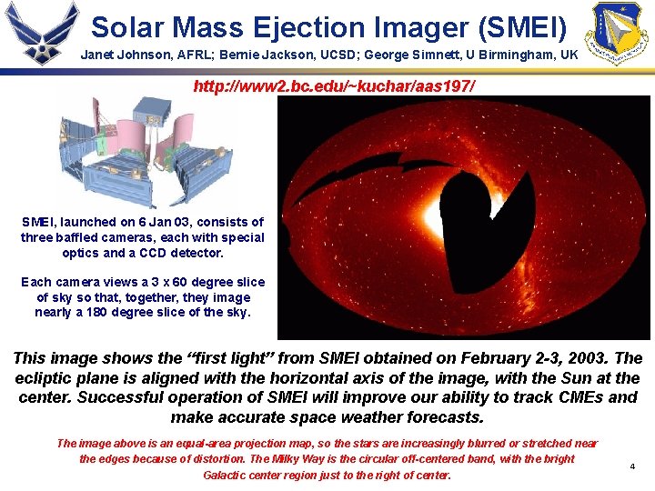 Solar Mass Ejection Imager (SMEI) Janet Johnson, AFRL; Bernie Jackson, UCSD; George Simnett, U