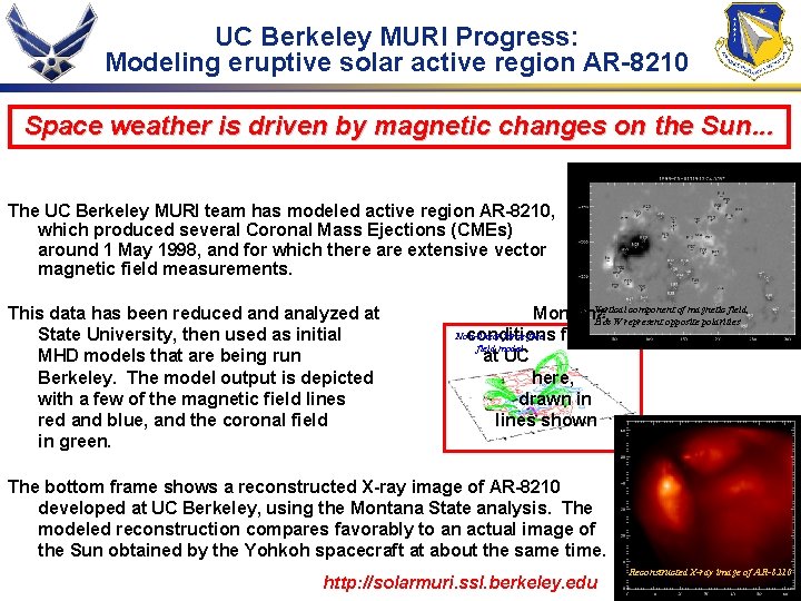 UC Berkeley MURI Progress: Modeling eruptive solar active region AR-8210 Space weather is driven