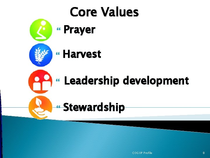 Core Values Prayer Harvest Leadership development Stewardship COGOP Profile 8 