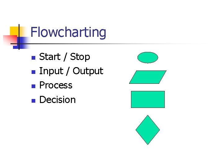 Flowcharting n n Start / Stop Input / Output Process Decision 