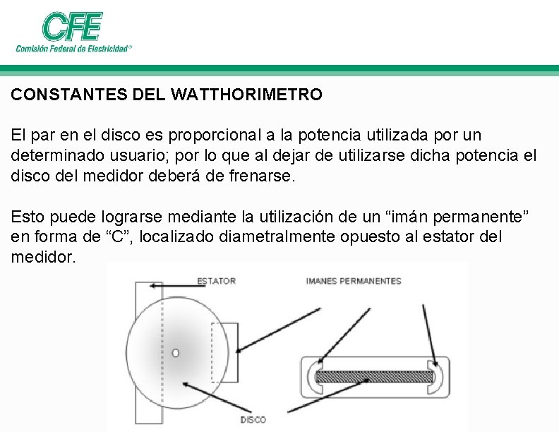 CONSTANTES DEL WATTHORIMETRO El par en el disco es proporcional a la potencia utilizada CONSTANTES DEL WATTHORIMETRO El par en el disco es proporcional a la potencia utilizada