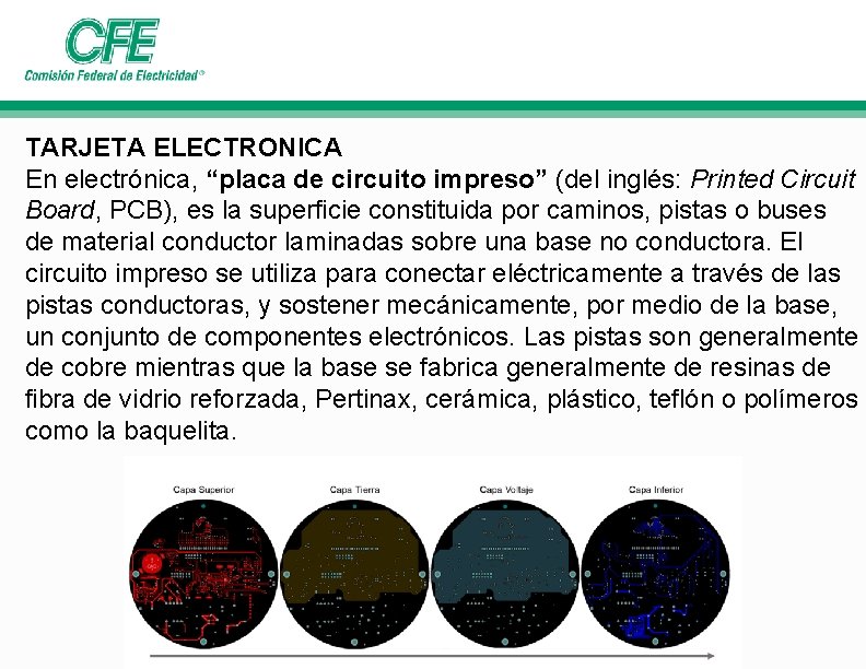 TARJETA ELECTRONICA En electrónica, “placa de circuito impreso” (del inglés: Printed Circuit Board, PCB), TARJETA ELECTRONICA En electrónica, “placa de circuito impreso” (del inglés: Printed Circuit Board, PCB),