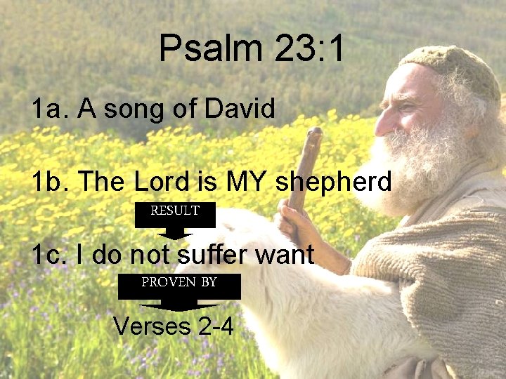 Psalm 23: 1 1 a. A song of David 1 b. The Lord is