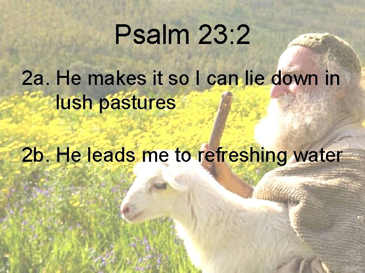 Psalm 23: 2 2 a. He makes it so I can lie down in