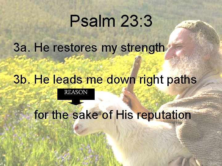 Psalm 23: 3 3 a. He restores my strength 3 b. He leads me