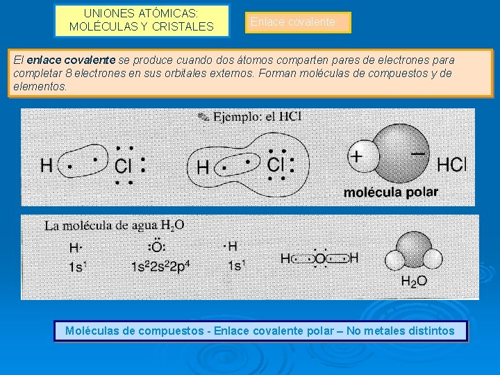 UNIONES ATÓMICAS: MOLÉCULAS Y CRISTALES Enlace covalente El enlace covalente se produce cuando dos
