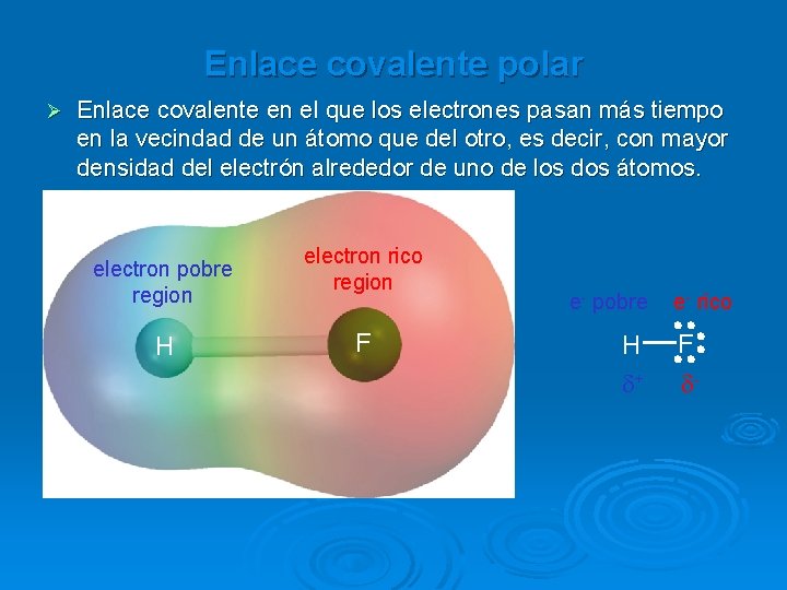 Enlace covalente polar Ø Enlace covalente en el que los electrones pasan más tiempo