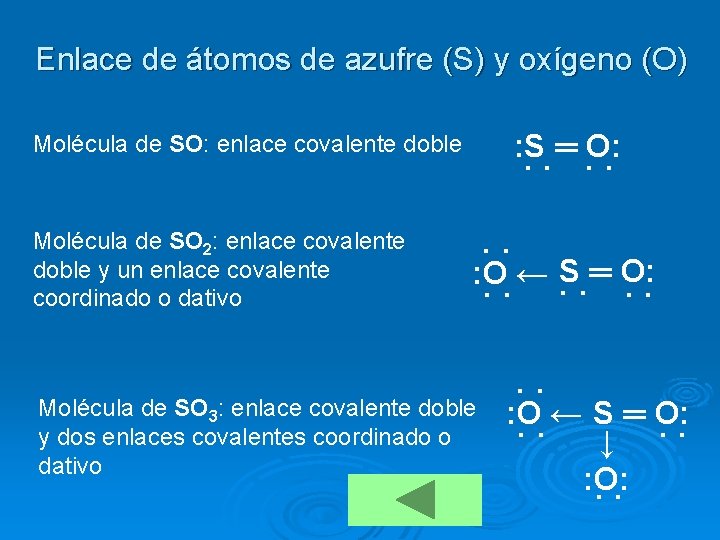 Enlace de átomos de azufre (S) y oxígeno (O) : S ═ O: ˙˙