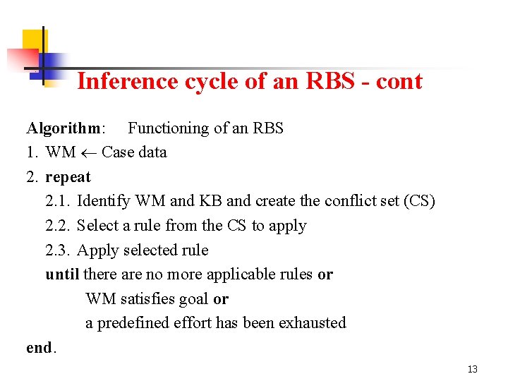 Inference cycle of an RBS - cont Algorithm: Functioning of an RBS 1. WM