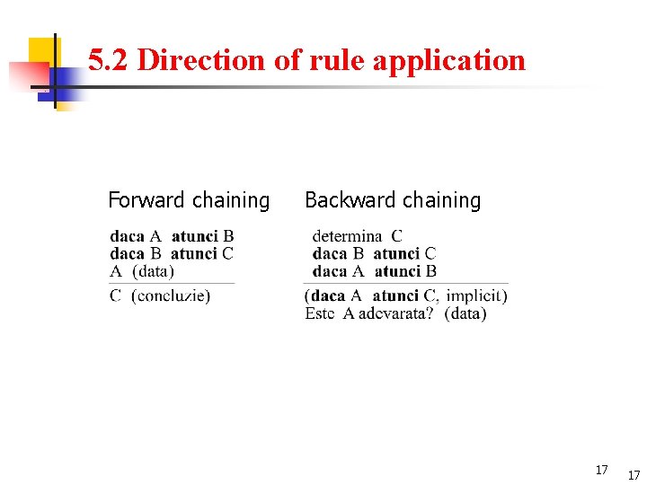 5. 2 Direction of rule application Forward chaining Backward chaining 17 17 