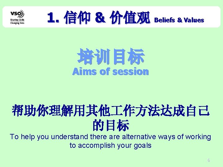 1. 信仰 & 价值观 Beliefs & Values 培训目标 Aims of session 帮助你理解用其他 作方法达成自己 的目标