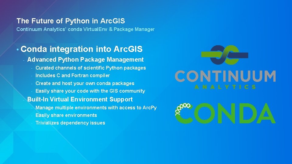 The Future of Python in Arc. GIS Continuum Analytics’ conda Virtual. Env & Package