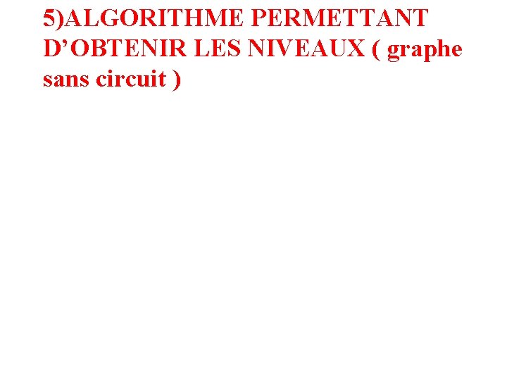 5)ALGORITHME PERMETTANT D’OBTENIR LES NIVEAUX ( graphe sans circuit ) 