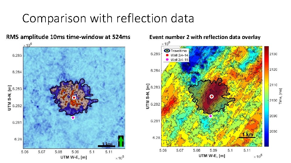 Comparison with reflection data RMS amplitude 10 ms time-window at 524 ms 1 km Comparison with reflection data RMS amplitude 10 ms time-window at 524 ms 1 km