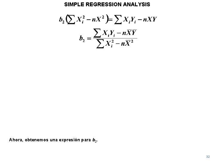SIMPLE REGRESSION ANALYSIS Ahora, obtenemos una expresión para b 2. 32 