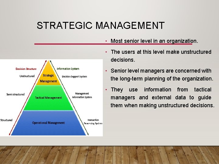 STRATEGIC MANAGEMENT • Most senior level in an organization. • The users at this
