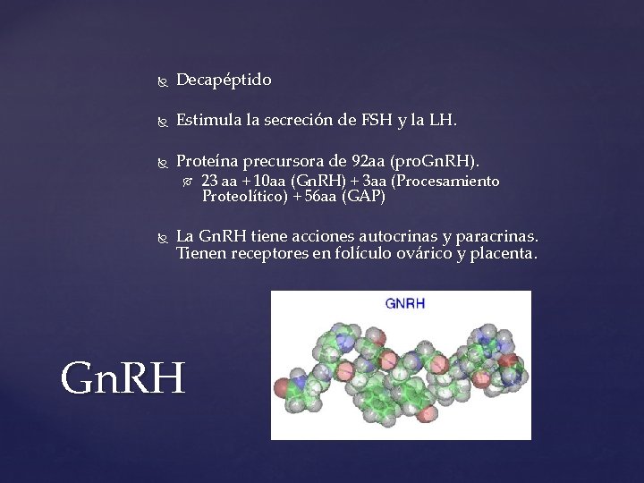  Decapéptido Estimula la secreción de FSH y la LH. Proteína precursora de 92