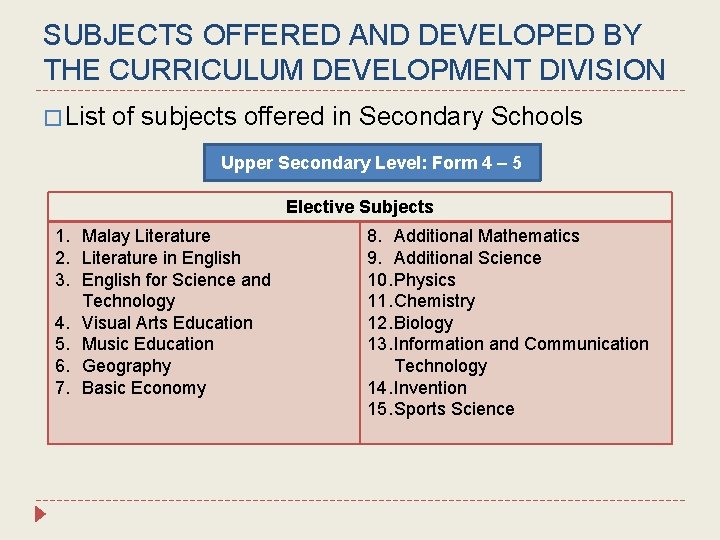 SUBJECTS OFFERED AND DEVELOPED BY THE CURRICULUM DEVELOPMENT DIVISION � List of subjects offered