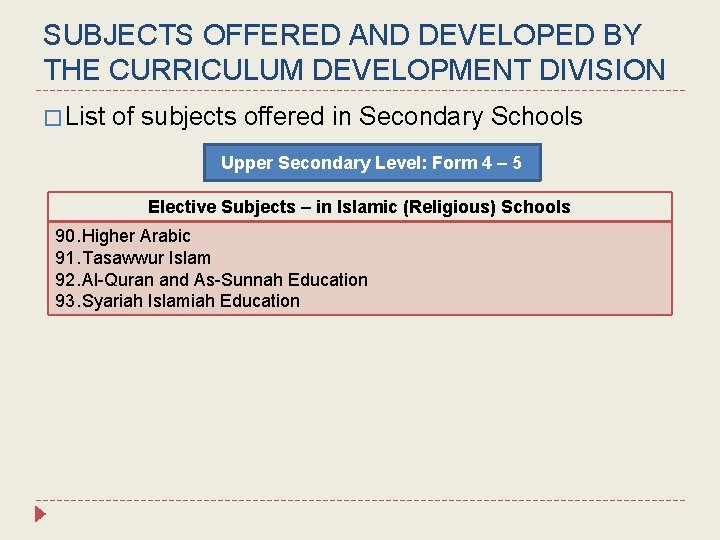 SUBJECTS OFFERED AND DEVELOPED BY THE CURRICULUM DEVELOPMENT DIVISION � List of subjects offered