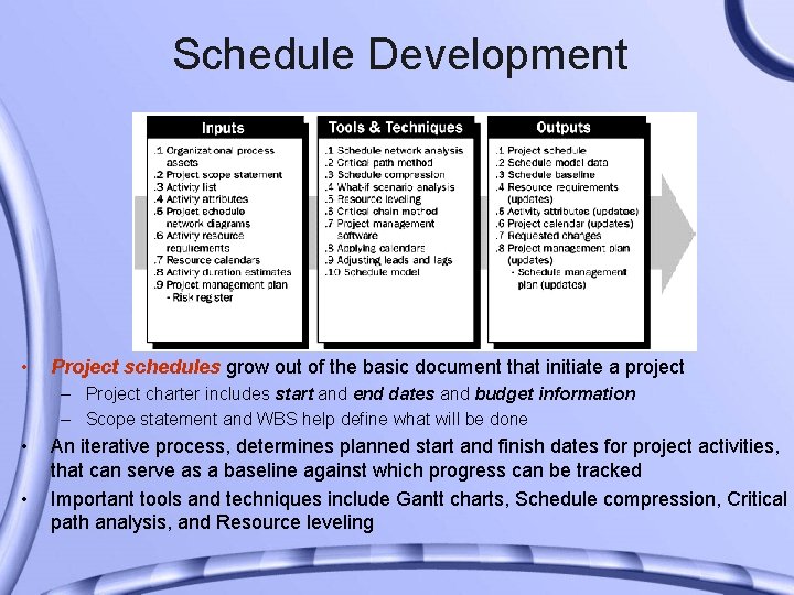 Schedule Development • Project schedules grow out of the basic document that initiate a