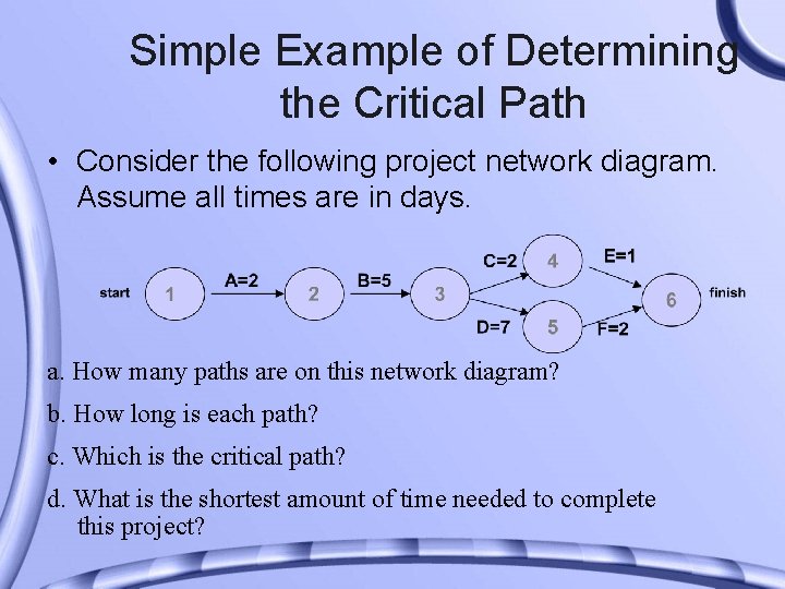 Simple Example of Determining the Critical Path • Consider the following project network diagram.