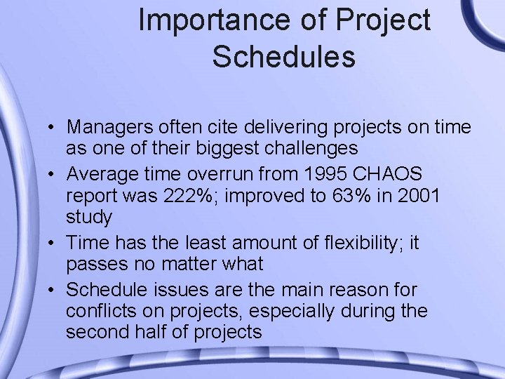 Importance of Project Schedules • Managers often cite delivering projects on time as one