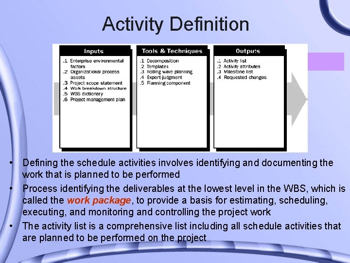 Activity Definition • Defining the schedule activities involves identifying and documenting the work that