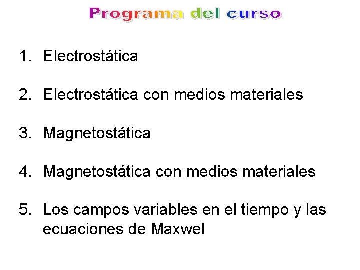 1. Electrostática 2. Electrostática con medios materiales 3. Magnetostática 4. Magnetostática con medios materiales