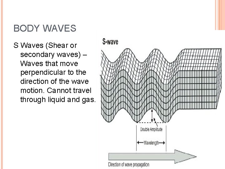BODY WAVES S Waves (Shear or secondary waves) – Waves that move perpendicular to