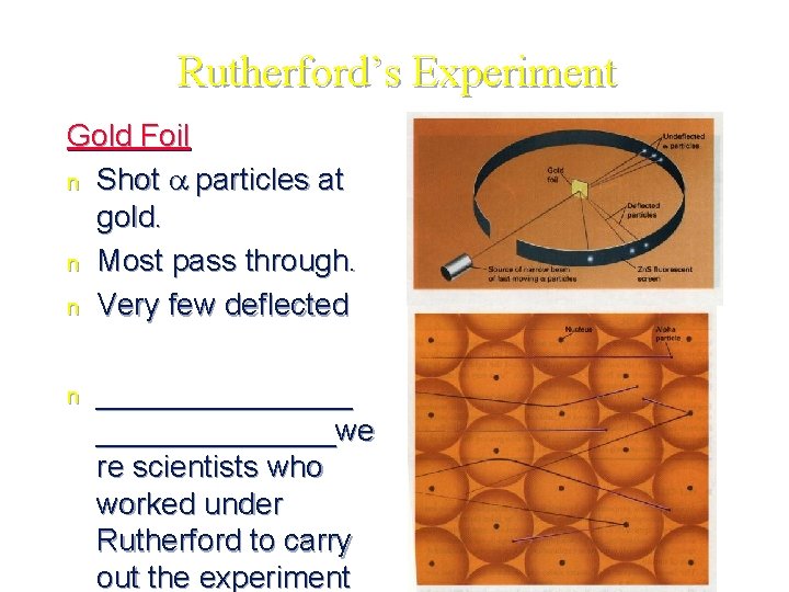 Rutherford’s Experiment Gold Foil n Shot a particles at gold. n Most pass through.