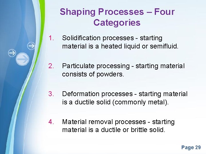 Shaping Processes – Four Categories 1. Solidification processes - starting material is a heated