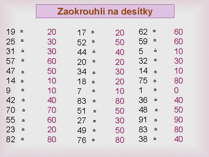 Zaokrouhli na desítky 19 25 31 57 47 14 9 42 70 55 23 Zaokrouhli na desítky 19 25 31 57 47 14 9 42 70 55 23
