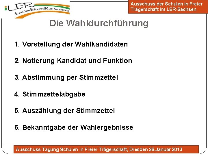 Ausschuss der Schulen in Freier Trägerschaft im LER-Sachsen Die Wahldurchführung 1. Vorstellung der Wahlkandidaten