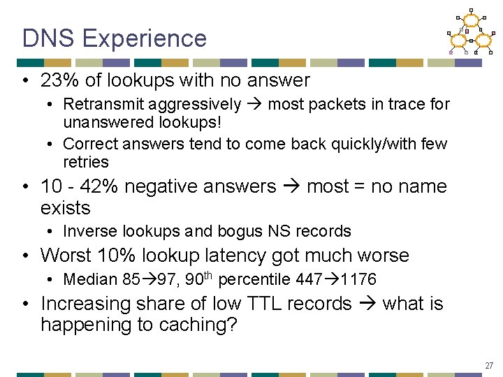 DNS Experience • 23% of lookups with no answer • Retransmit aggressively most packets
