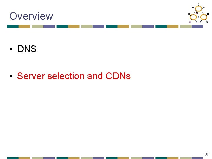 Overview • DNS • Server selection and CDNs 30 