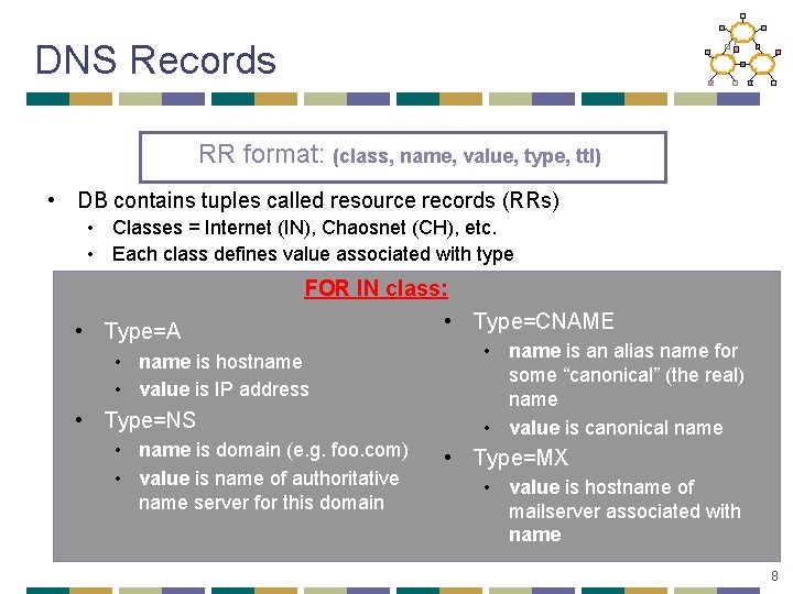 DNS Records RR format: (class, name, value, type, ttl) • DB contains tuples called