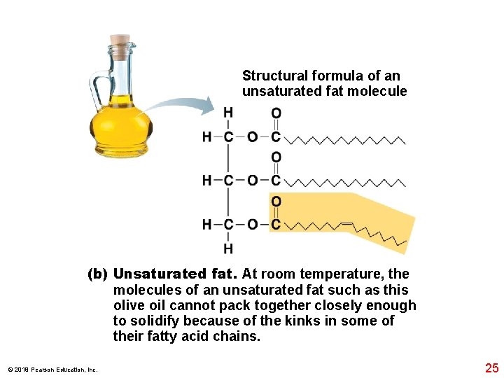 Structural formula of an unsaturated fat molecule (b) Unsaturated fat. At room temperature, the