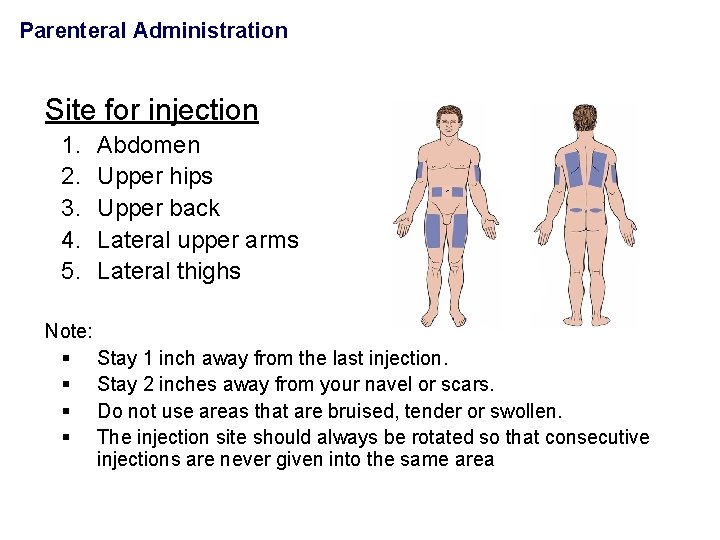 Parenteral Administration Site for injection 1. 2. 3. 4. 5. Abdomen Upper hips Upper