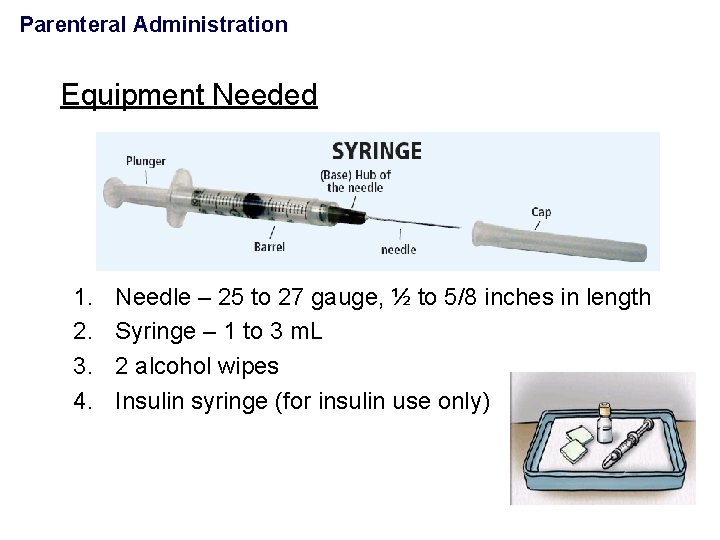 Parenteral Administration Equipment Needed 1. 2. 3. 4. Needle – 25 to 27 gauge,