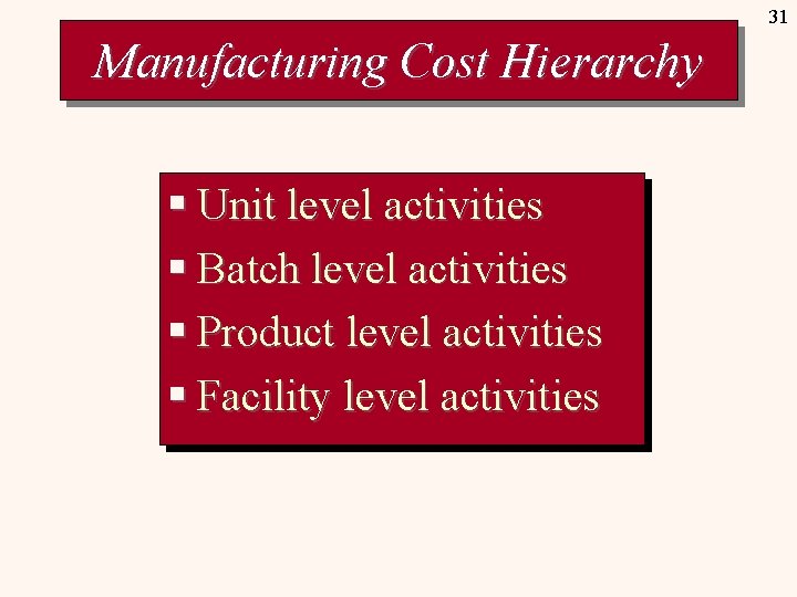 31 Manufacturing Cost Hierarchy § Unit level activities § Batch level activities § Product