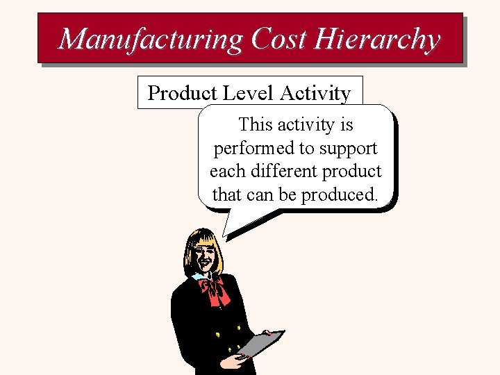 Manufacturing Cost Hierarchy Product Level Activity This activity is performed to support each different