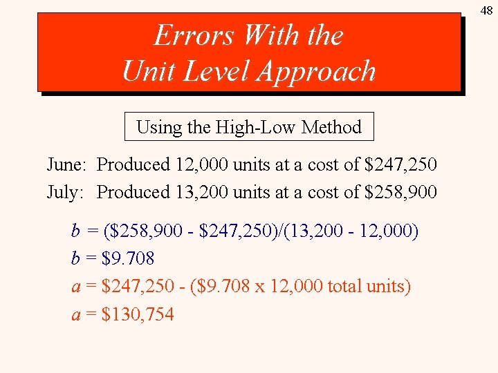 48 Errors With the Unit Level Approach Using the High-Low Method June: Produced 12,