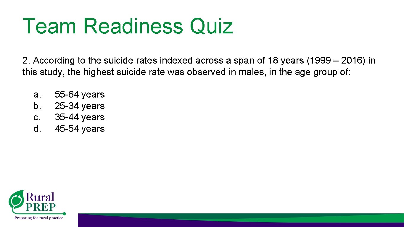 Team Readiness Quiz 2. According to the suicide rates indexed across a span of